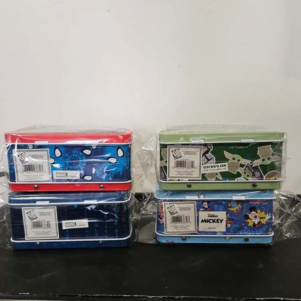 Lot of 4 collectible mini tin lunch boxes Disney Marvel Grogu Spider Man Mickey